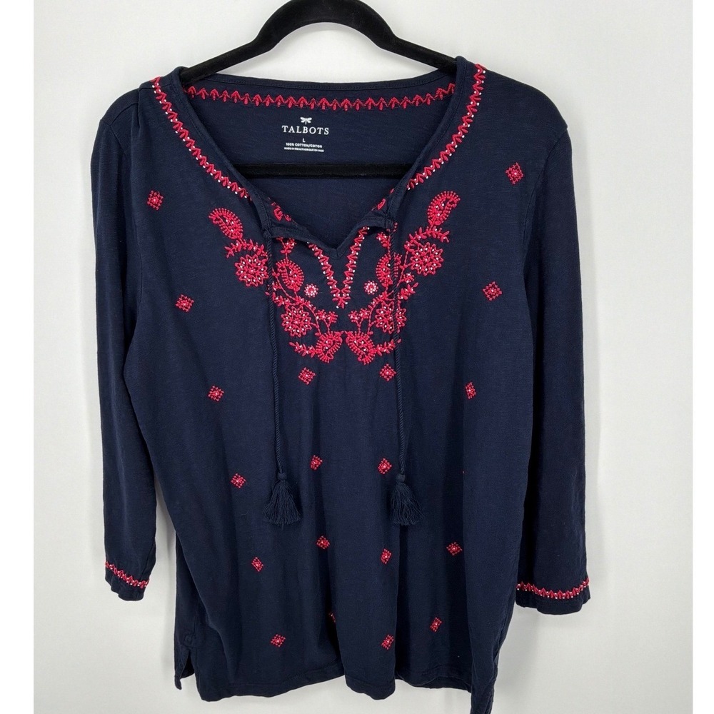Talbots Large Navy Red Embroidered Cotton Boho Tunic Top